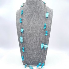 Vintage Silver Tone Round Link Chain Turquoise Style Beads Station Necklace Boho