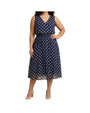 Kate & Lily Dark Blue Polka-Dot Mesh Dress 16W Sleeveless V-Neck Smocked Waist