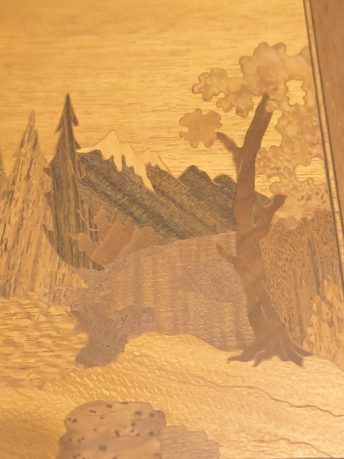 Set of 4 Mid Century Wood Marquetry Picture Panel  Sailing,Mountains, Cabin Tree