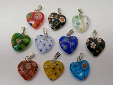 Millefiori Glass Heart Pendant Lot Of 10 Heart Shape Pendants. 22mm Long 15mm W.