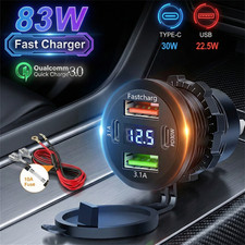 USB Car Charger Dual QC 3.0 PD Port With Voltmeter Outlet Socket for 12/24V
