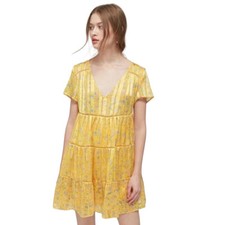 Urban Outfitters Women’s Pippa Chiffon Tiered Mini Dress Gold Floral Size Small 