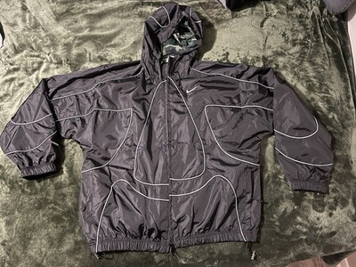 Nike Men's Black Hooded Windbreaker Jacket with Reflective Accents, Mid-Length