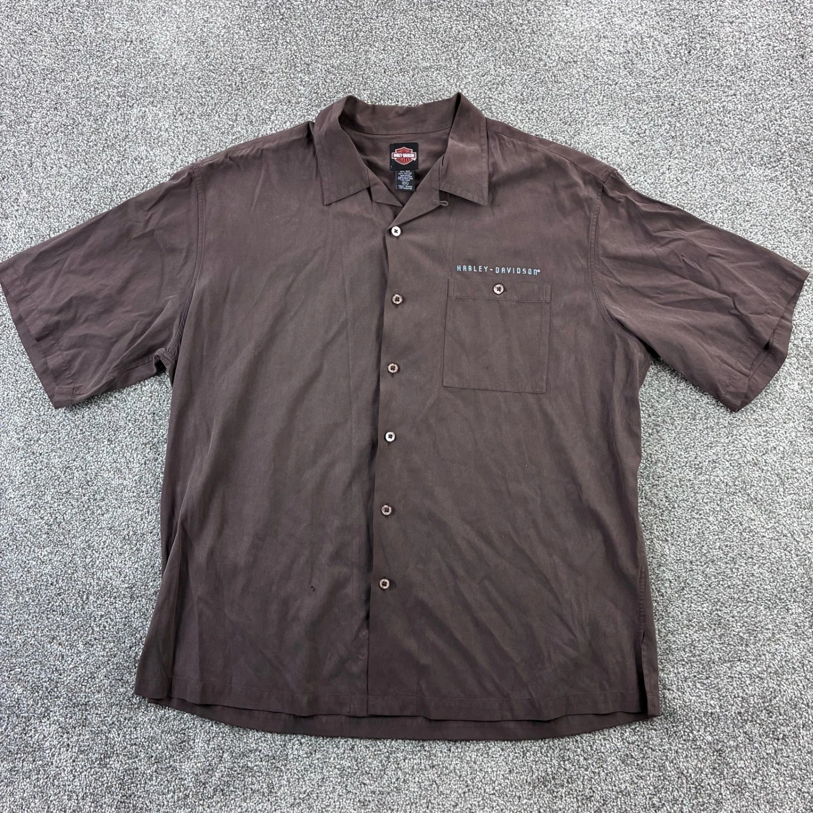 Vintage Harley Davidson Shirt Mens 2XL Brown Silk Embroidered Camp Loop Collar
