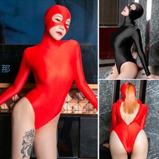 Women Zentai Bodysuit Back Zipper High Cut Unitard Shiny Jumpsuits Wt Mask Hood