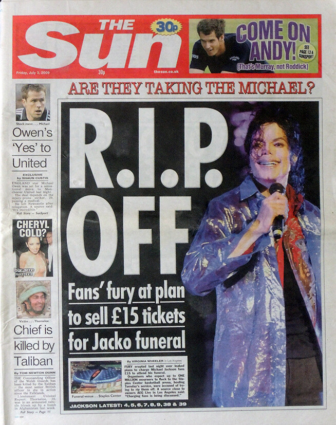 THE SUN NEWSPAPER 3 JULY 2009 . MICHAEL JACKSON FUNERAL FRONT