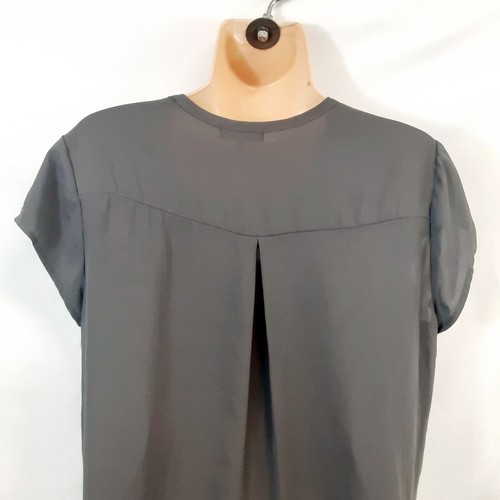 Pleione Top Blouse Shirt Women Size M Solid Gray Chiffon V Neck Short Sleeve - Picture 8 of 11
