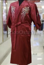 Kimono Robe sz M PLUM BLOSSOM Brocade Embroidered CRANE BIRDS Bamboo Fans EUC