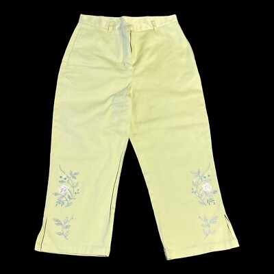 ORLY Canada Pants Womens 8 Lime Green Capri Floral Embroidery Slit Granny VTG
