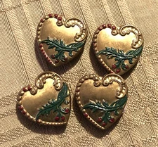 3941 Vintage Button Covers Heart Shaped Brass Set Of 4 Green Red Floral Emb