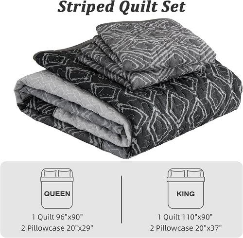 Cottolester Boho Quilt Set King Size 3 Pieces,Grey Striped Plaid Bedspread,Soft - Picture 6 of 6