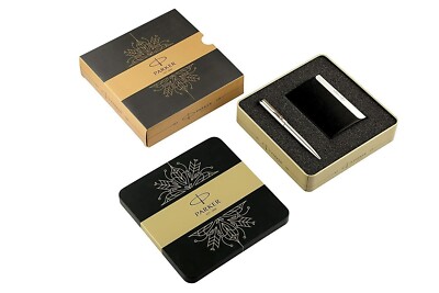Parker Vector Edelstahl Chromrand Kugelschreiber mit Kartenhalter Geschenkset