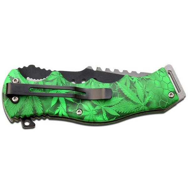 Master USA Green Marijuana Leaf Linerlock 4 ¾" Tactical Folder Knife MU-A102GN - Image 2 of 2