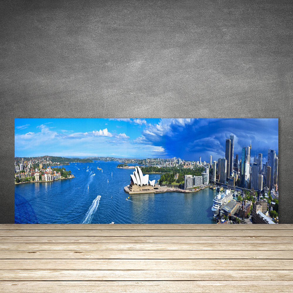 Crédence de cuisine en verre trempé 125x50 cm motif paysage urbain et mer