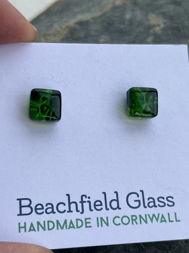 Dichroic Glass Square Studs Cornwall Seaweed Green - Picture 6 of 8