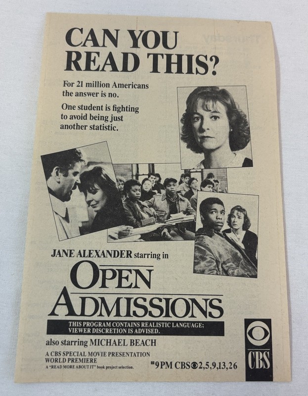 1988 CBS tv movie ad ~ OPEN ADMISSIONS Jane Alexander, Michael Beach