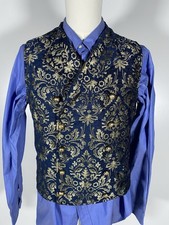 Vest Velvet Filigree Tapestry Brocade Waistcoat Mens 38 S Blue Gold Embroidery