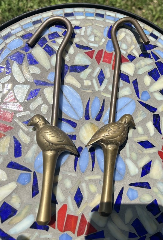 Vintage Solid Brass Bird Peasant Fireplace Damper Pull Hooks   - Decor pair 