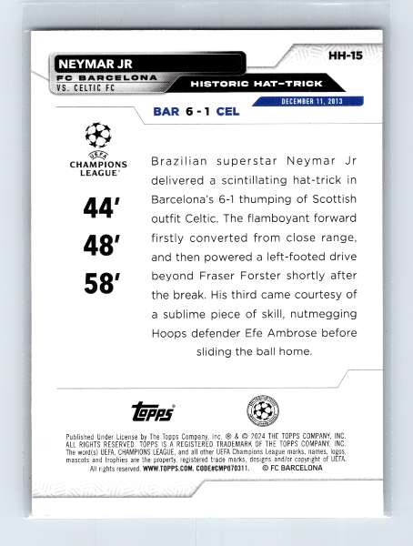 2024 Neymar Jr Historic Hat Tricks UEFA Club Competitions #HH-15 FC Barcelona NM view 2