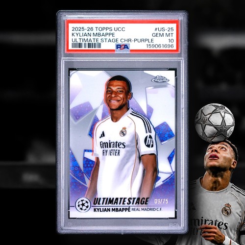 KYLIAN MBAPPE 2025-26 TOPPS UEFA ULTIMATE STAGE CHROME PURPLE /75 PSA 10 POP 3!
