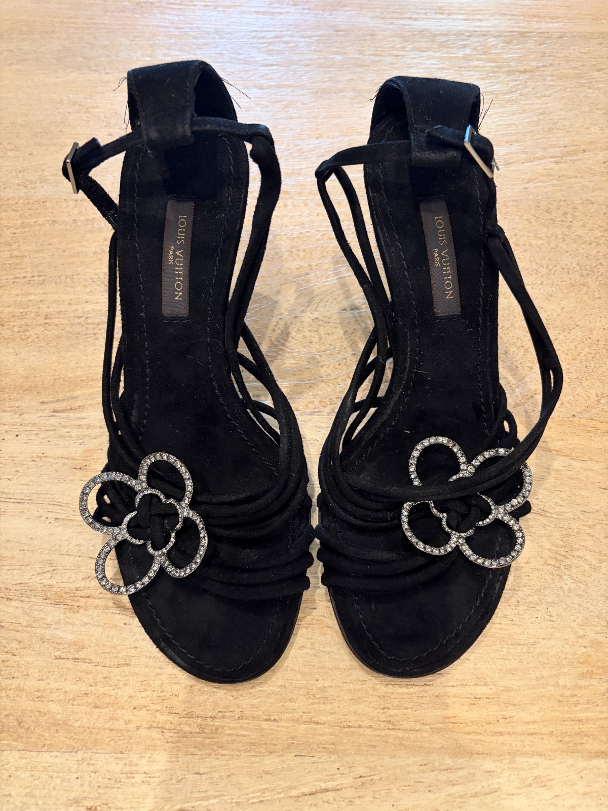 VINTAGE Louis Vuitton Suede Sandal Heels with Crystal Flower Size 34.5