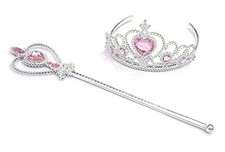 Princess Elsa Crown Tiara and Wand Set Silver Heart Jewel Light Pink