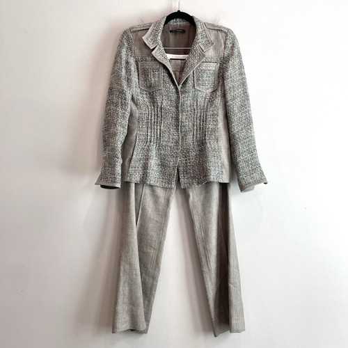 Elie Tahari 4 Linen Blend Tweed Blazer Bootcut Pant Suit 2 PC Set Taupe Beige - Picture 2 of 22