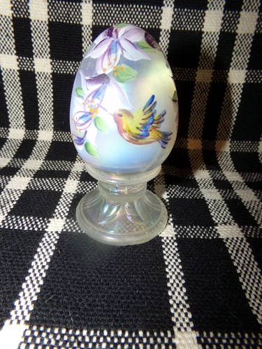 Fenton Glass Hand Painted Hummingbird with Flowers Egg on pedestal