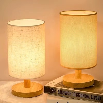Moderne USB Tischlampe 27cm Holzfuß Stoffschirm Nachttischleuchte Deko