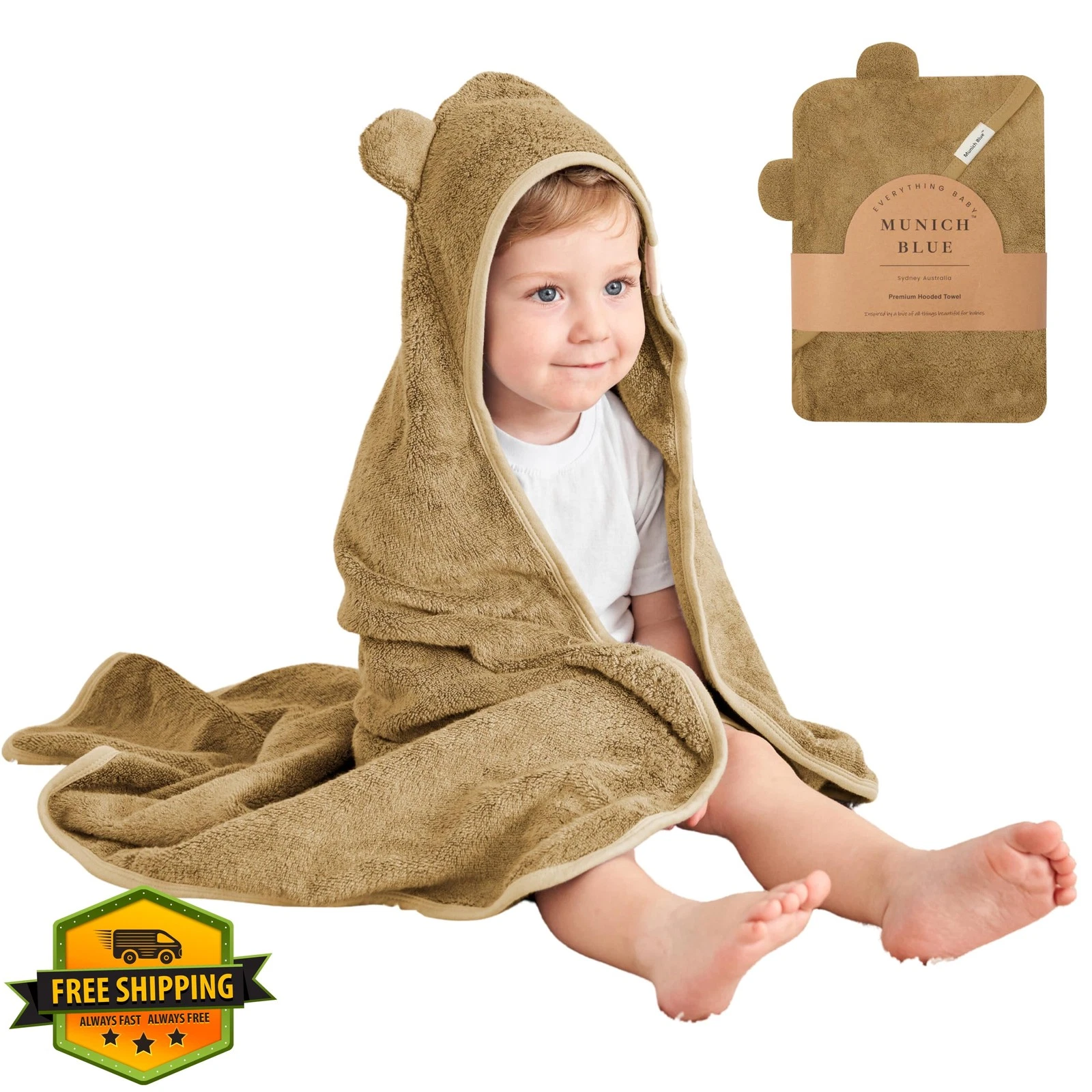 Munich Blue Toddler Bath Towel, Soft Bear Ears Baby Towel, 35" Brown Sugar