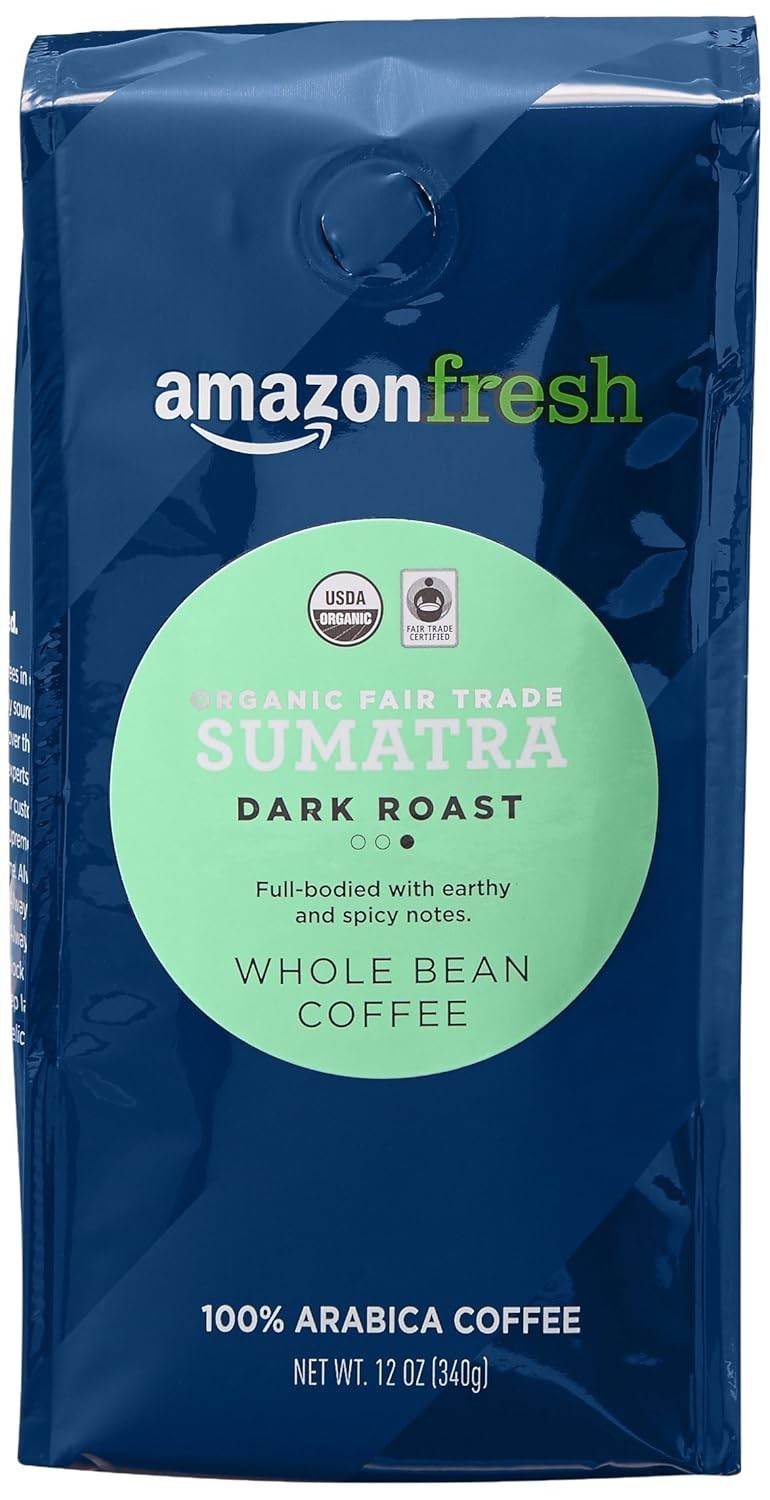 Organic Fair Trade Sumatra Whole Bean Coffee, Dark Roast, 12