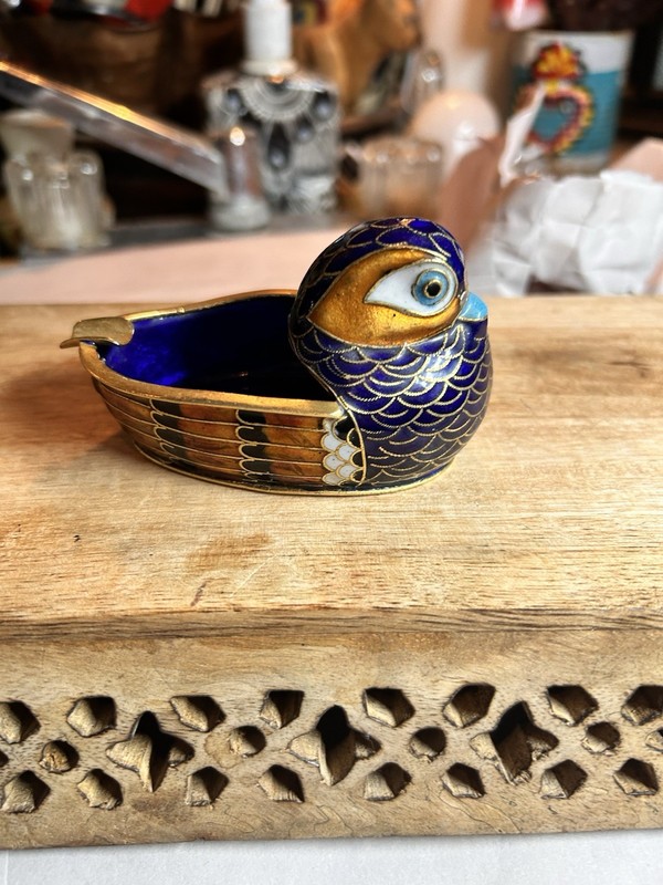 Cloissone &Brass Mallard Duck VTG 4”L 2”W 2.5” T ASHTRAY vibrant colors