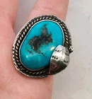 Vintage Sterling Silver Navajo Old Turquoise Ring Size 7.5 VERY Rustic Design