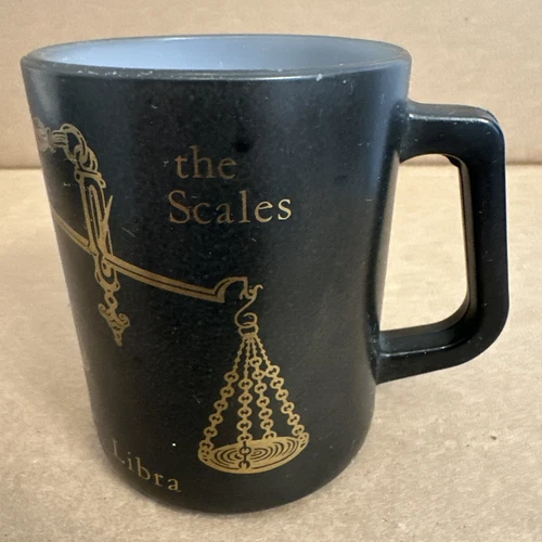 Vintage 1960's Federal Glass Coffee Cup Zodiac Libra Sign Black Gold on White