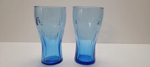 (2) Vintage Light Cobalt Blue Coca Cola 16 oz Drinking Glass Tumbler, 6" Tall.