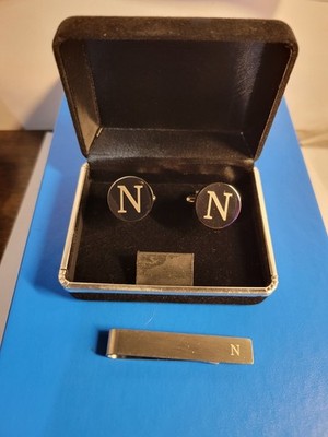 Tie Clip and Cuff Links Letter N Chrome Shiny Mirror Like Finish