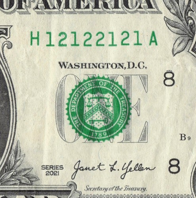 #ad Binary Radar 1s 2s Double 4 Kind Fancy Serial Number $1 Dollar Bill H12122121A $79.99