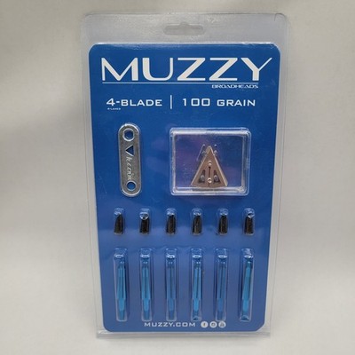Muzzy Broadheads 4-Blade Archery 100 Grain Blue Silver Trocar Tip 6 Pack