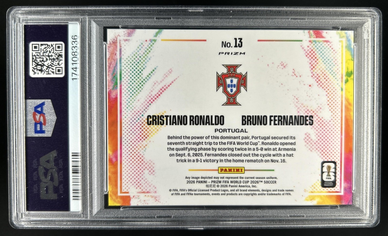 2026 Prizm World Cup Bruno Fernandes Cristiano Ronaldo Color Blast SP #13 PSA 10 view 2