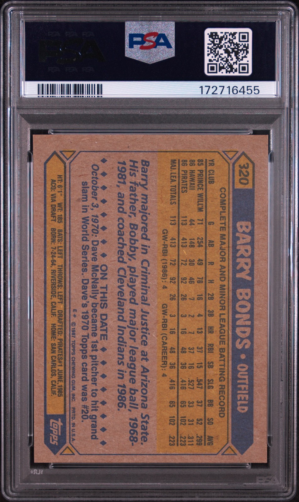 1987 TOPPS #320 BARRY BONDS ROOKIE RC PSA 7 view 2