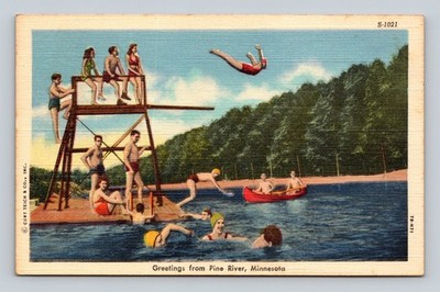 Vintage Pine River MN Swimming & Canoeing Postcard Curt Teich S-1021