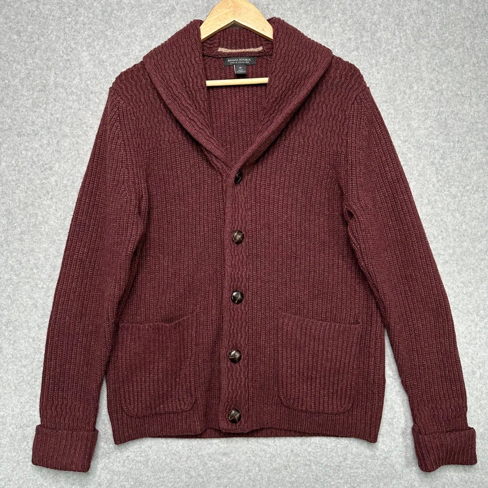 Cárdigan Banana Republic Para Hombres Cuello Chal Cuero Botón Borgoña Italiano Foto 2 de 4