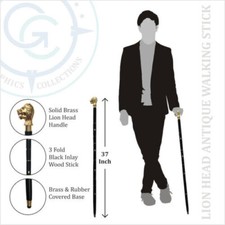 Golden Lion Head Handle Wooden Walking Stick Black Inlay Elegant and Royal Cane