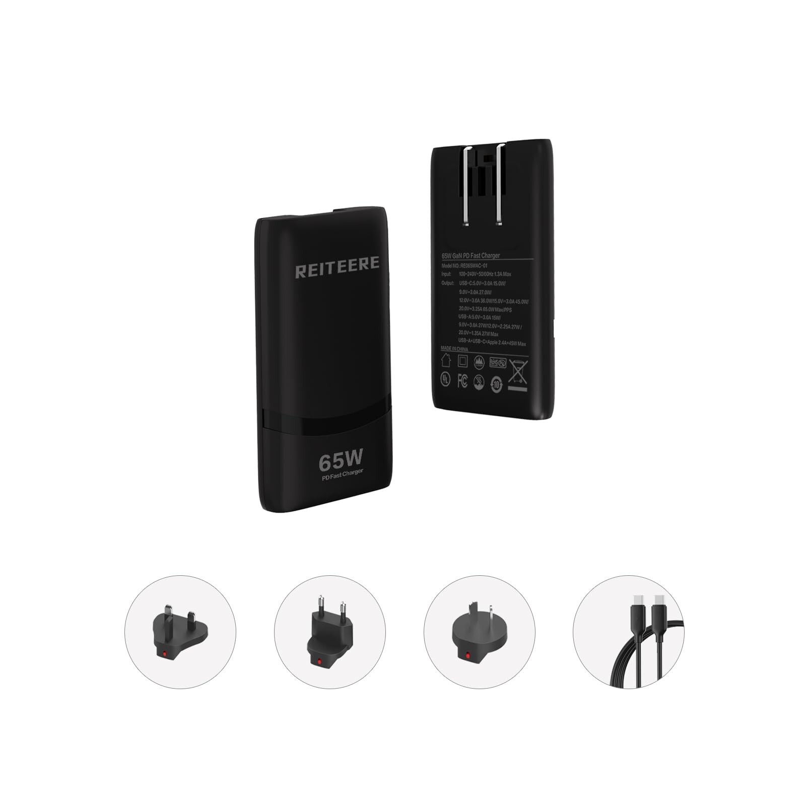 Ultra-Thin 65W GaN Dual-Port USB-C Travel Charger with Foldable UK EU AU Plug  