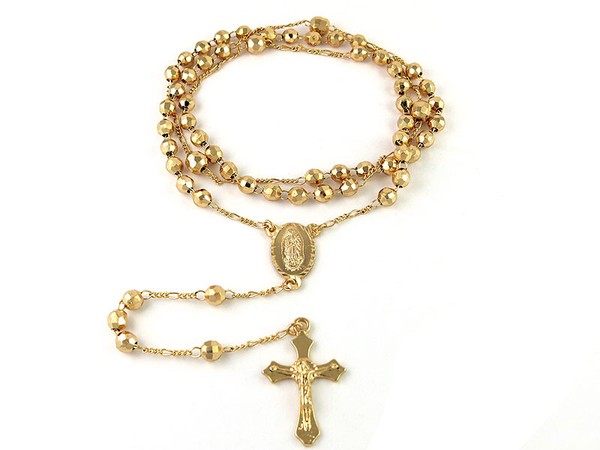 Alternate view of 18k Gold Plated 24" Diamond Cut Rosary Jesus Cross Charm Necklace