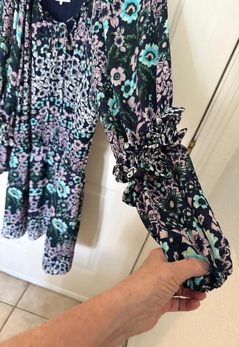 Parker Ruffled Neckline Drop Waist Dress Long Ruffled Sleeve Size L Black Floral - Picture 4 of 4