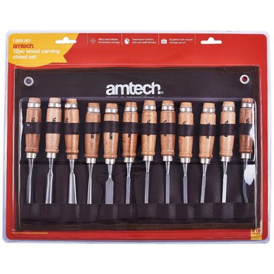 Holzschnitzen Meißel Stahl Werkzeug Set 12-teilig lange Griffe Holzbearbeitungsset E0900 AmTec