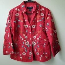 Silk Land Red Floral Embroidered Lined Jacket 3/4 Sleeve 100% Silk Size M