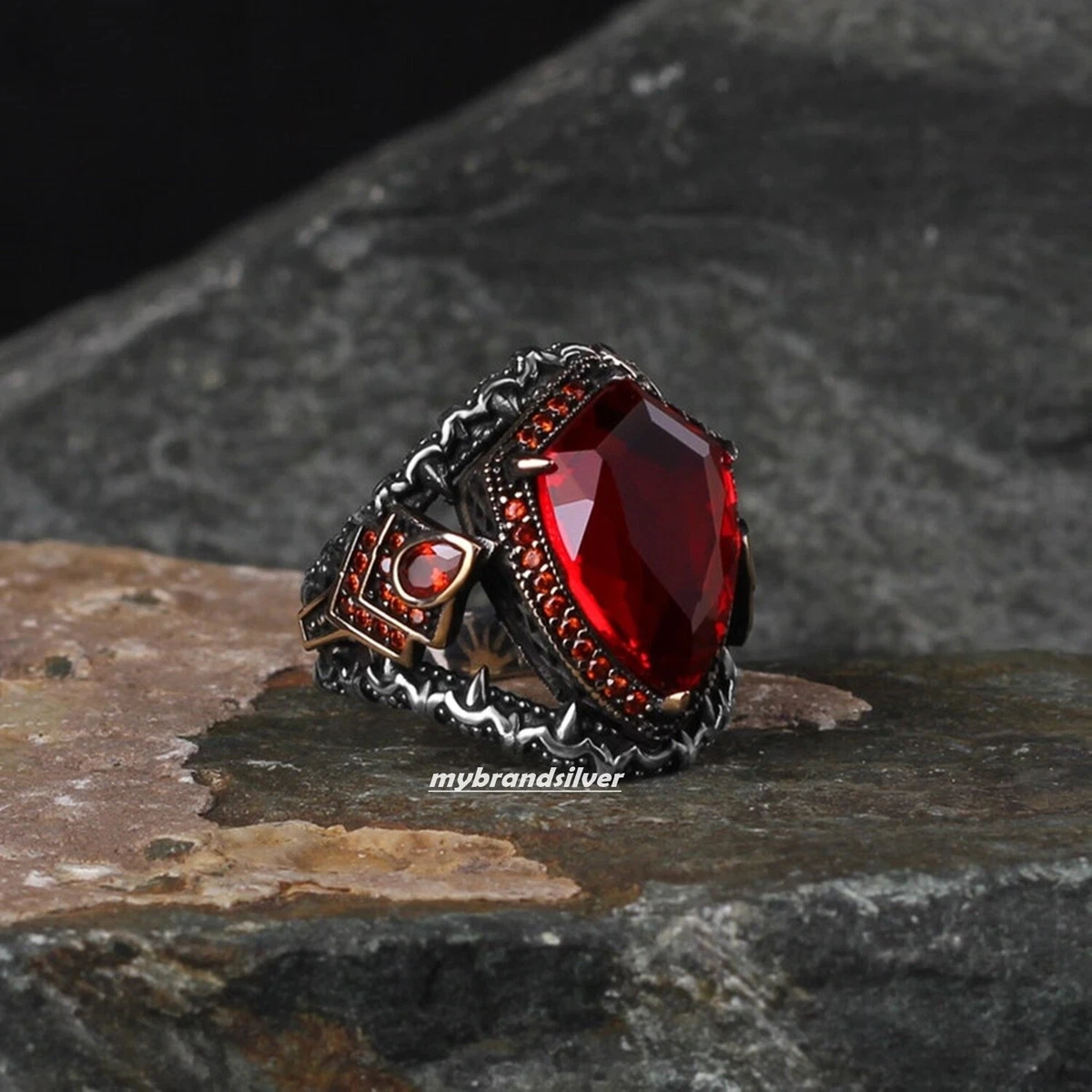 925 Sterling Silver Turkish Handmade Jewelry Garnet Stone Men's Ring All  Size