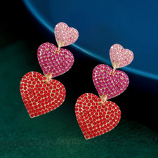 Red Pink Crystal Rhinestone Love Heart Link Stud Earrings Valentine's Gift